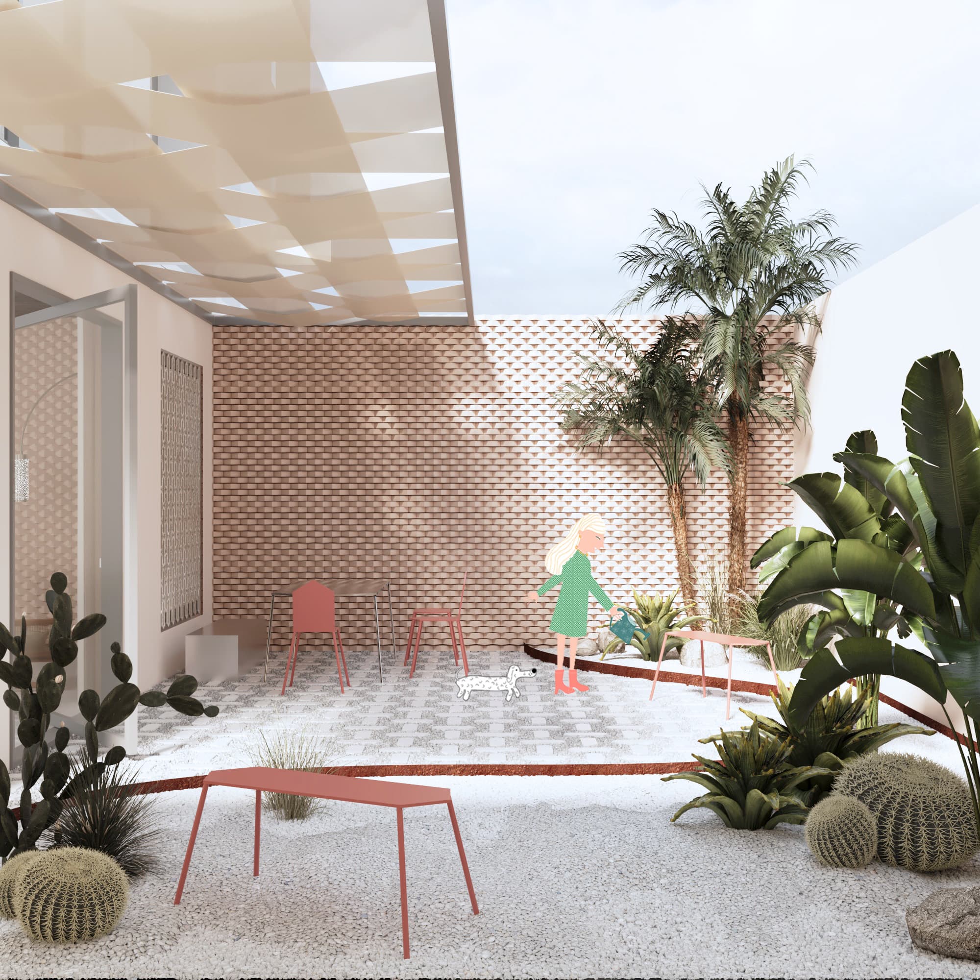 Neuer Garten mit klimaresistenter Vegetation und Textilpergola