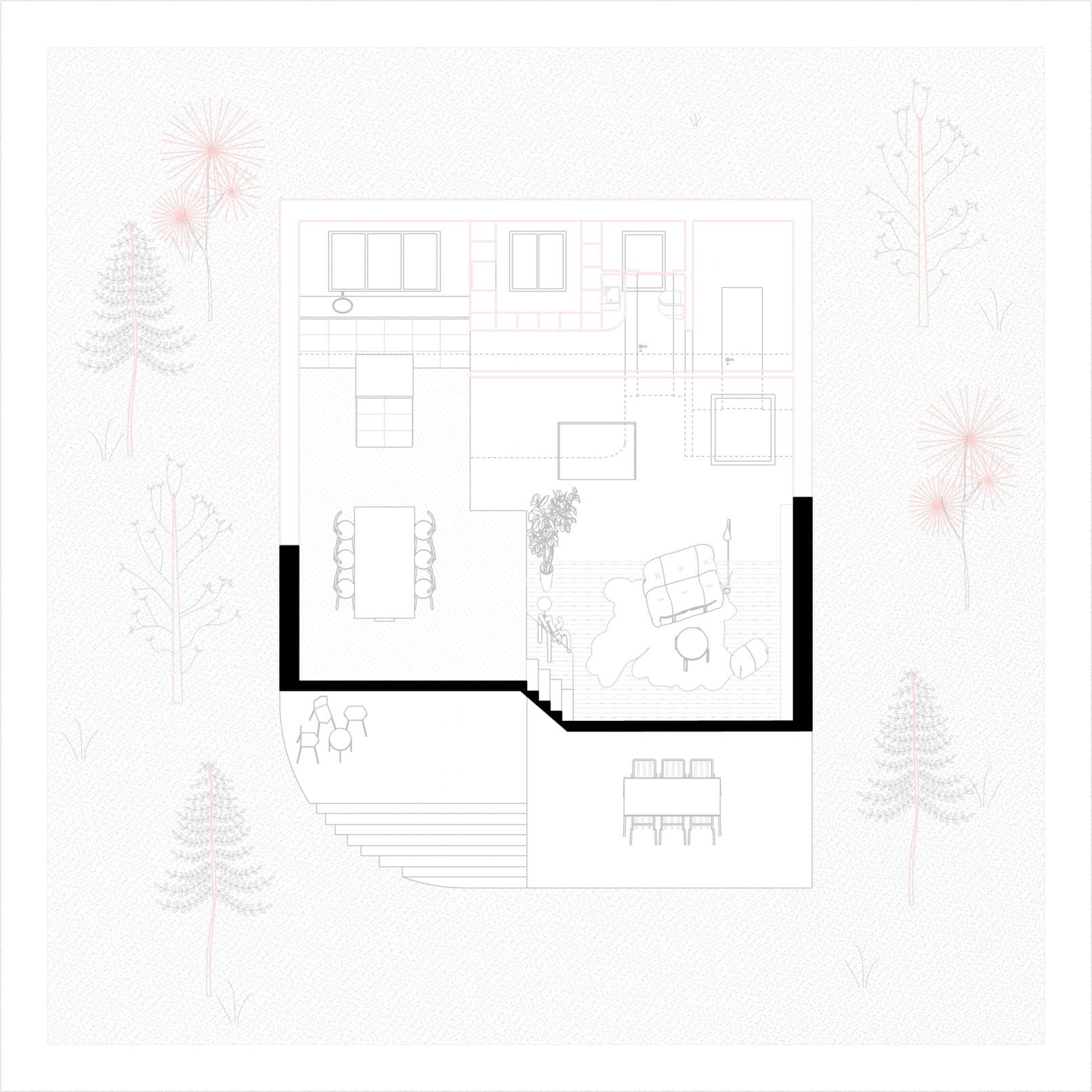 Split-Level-Wohnraum mit Blick auf die neuen Ebenen