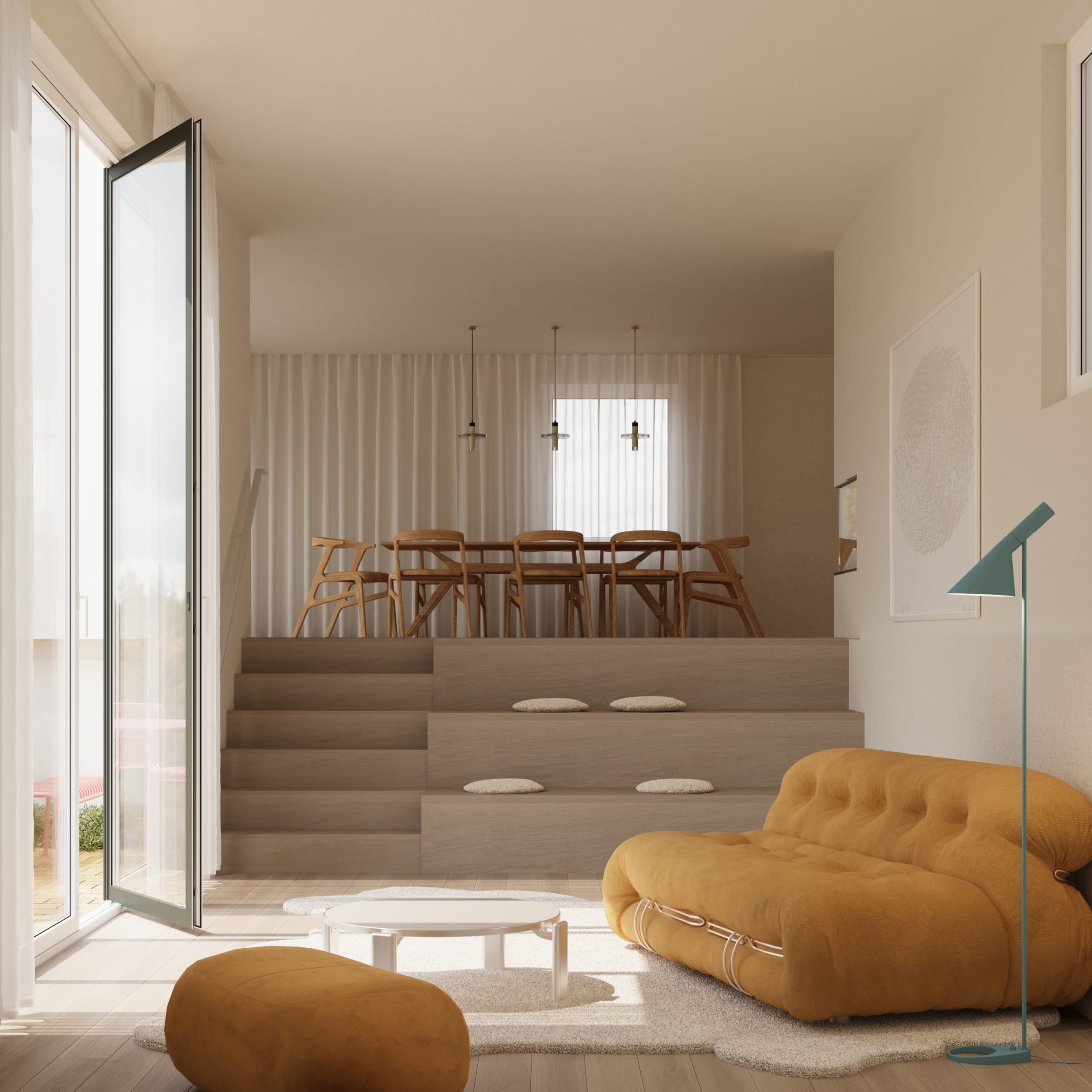 Haus U5 – doppelt hoher Wohnraum mit Sitztreppe und Blick in den Garten
