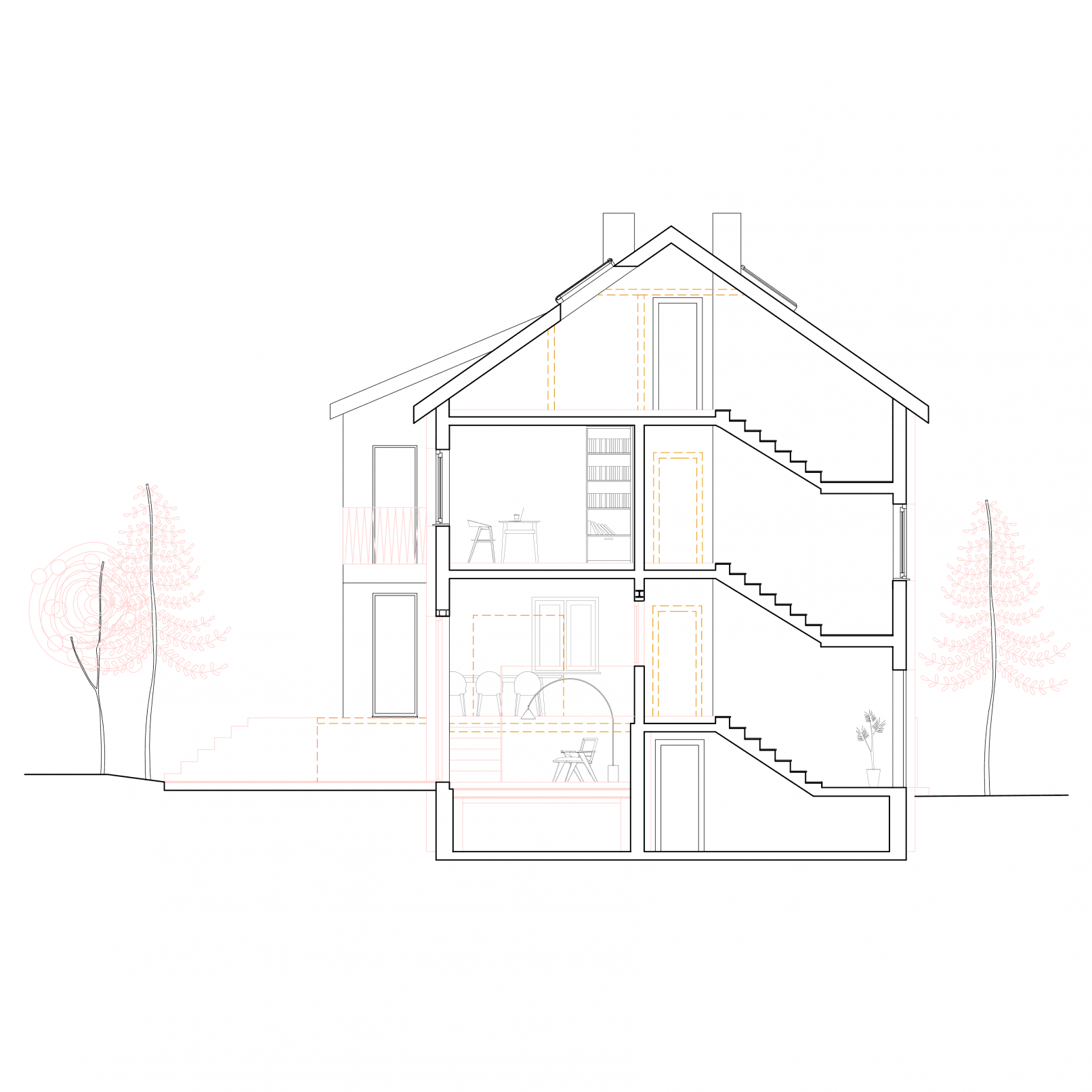 Haus U5, Schnitt Umbau – Bestand schwarz, Eingriff rosa, Abriss gelb
